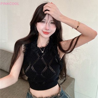 Pinkcool เสื้อครอปท็อป คอกลม แขนกุด ผ้าถัก ลูกไม้ เซ็กซี่ ฤดูร้อน สําหรับผู้หญิง