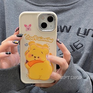 เคสโทรศัพท์มือถือแบบนิ่ม กันกระแทก กันรอยกล้อง ลายหมีพูห์ หมูสีชมพู พร้อมที่ตั้งวาง โลหะ สําหรับ iPhone 14 13 12 11 Pro Max XR IX