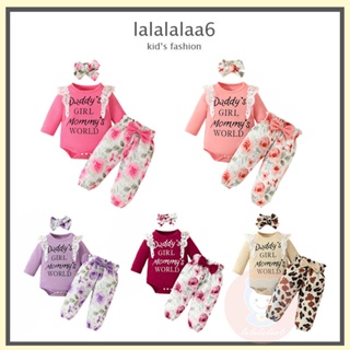 Laa6 ชุดรอมเปอร์ แขนยาว แต่งลูกไม้ และกางเกง และที่คาดผม สําหรับเด็กผู้หญิง