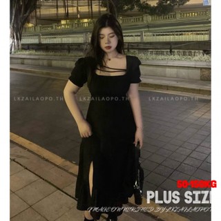 Plus size เสื้อผ้าสาวอวบ❤ เดรสสาวอวบอ้วน ไซส์ใหญ่ ผู้หญิง ชุดออกงาน ยาว แขนสั้น คอเหลี่ยม แยก สีดำ ฤดูร้อน สไตล์เกาหลีแฟชั่น