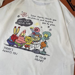 เสื้อยืดแขนสั้น คอกลม ทรงหลวม พิมพ์ลาย SpongeBob SquarePants น่ารัก แฟชั่นสําหรับผู้หญิง และนักเรียน