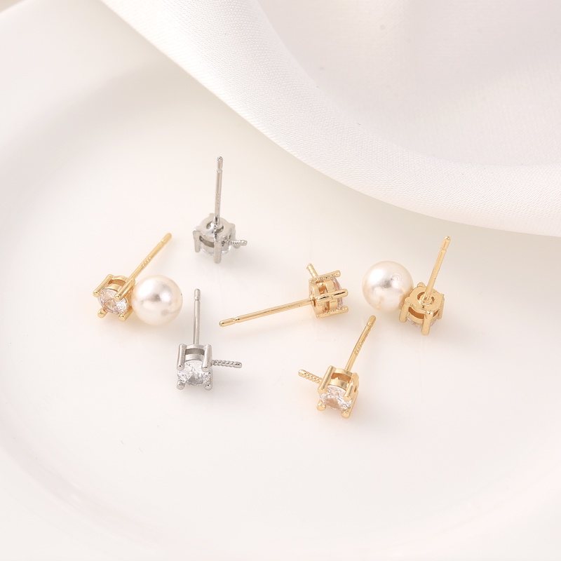 ต่างหูสตั๊ด ทอง 14K ฝังเพทาย 4 มม. พร้อมที่จับเข็ม แฮนด์เมด diy ลูกปัดครึ่งรู เงิน 925 เข็ม เครื่องประดับ