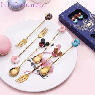 FALLFORBEAUTY ช้อนกาแฟ ขนมหวาน โดนัท ผลไม้ ส้อม สเตนเลส ลายการ์ตูน สําหรับห้องครัว งานแต่งงาน ช้อนชา