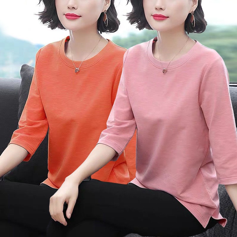 เสื้อยืดแขนสามส่วน ขนาดใหญ่ สีพื้น สไตล์เกาหลี สําหรับผู้หญิง คุณแม่