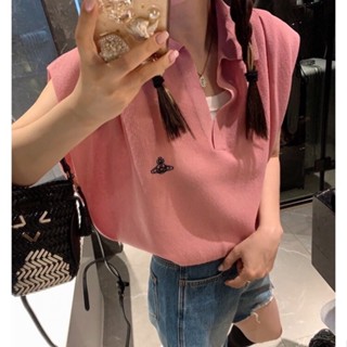 เสื้อกันหนาวโปโล แขนสั้น คอวี ผ้าถัก ปักลายดาวเสาร์ แบบบาง สําหรับผู้หญิง