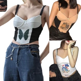 Bettingyou เสื้อครอปท็อป สายเดี่ยว พิมพ์ลายแมว แต่งลูกไม้ สีตัดกัน สําหรับผู้หญิง