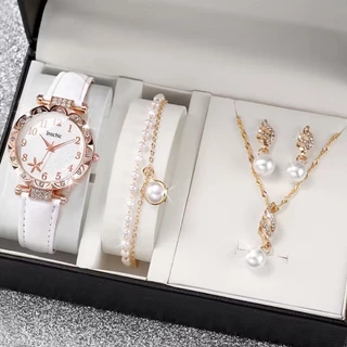 Elegant Lady Jewelry & Leather Watch พร้อมนาฬิกาข้อมือควอตซ์สําหรับผู้หญิงเหมาะสําหรับของขวัญ