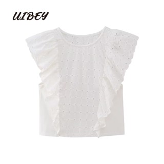 Uibey เสื้อเชิ้ต คอกลม ปักลาย สีพื้น แฟชั่น 3723