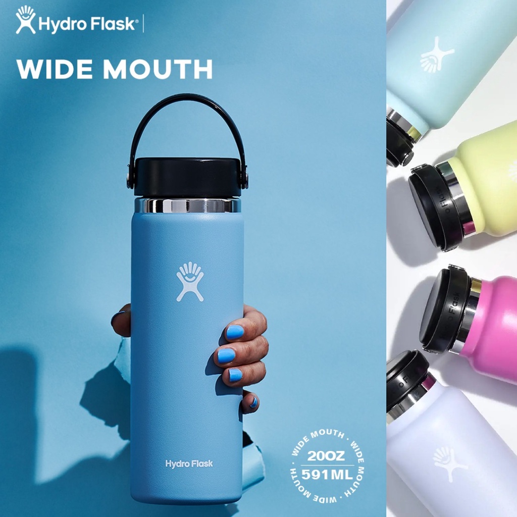 แก้วน้ํา Hydro Flask 20oz พร้อม Flex Cap ขวดสูญญากาศสแตนเลส 2.0 หม้ออวกาศกีฬากลางแจ้งปากกว้าง