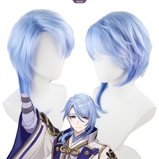 Game Genshin Impact Kamisato Ayato Gradient Blue Cosplay Wig Cos Anime Character Props Heat Resistant Synthetic Short Hair 45cm Party [BL]