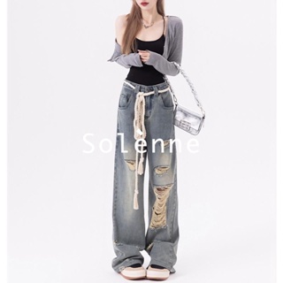 Solenne กางเกงขายาว กางเกงยีสน์ผู้หญิง ทรงหลวม ๆ ตรง Retro Hip Hop Pants 2023 NEW Style 071213