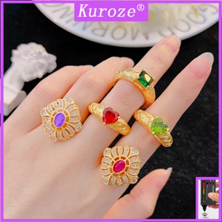 Kuroze แหวนเพชรมรกต ลายดอกไม้ ทับทิม หัวใจ หรูหรา เครื่องประดับสตรี