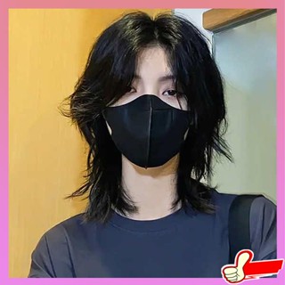 วิกผมผู้ชาย Mullet head wig mens short hair fashion trend Japanese wolf tail middle division samurai head fluffy natural simulation full hood หนังแกะ