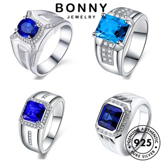 BONNY JEWELRY เกาหลี เรียบง่าย เงิน แท้ ผู้ชาย ไพลินมรกต เครื่องประดับ 925 ต้นฉบับ แหวน เครื่องประดับ แฟชั่น Silver M085