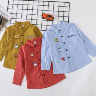 พร้อมส่ง ใหม่ เสื้อเชิ้ตแขนยาว พิมพ์ลายการ์ตูนสัตว์ ขนาดเล็ก มีกระเป๋า สีพื้น สําหรับเด็กผู้ชาย