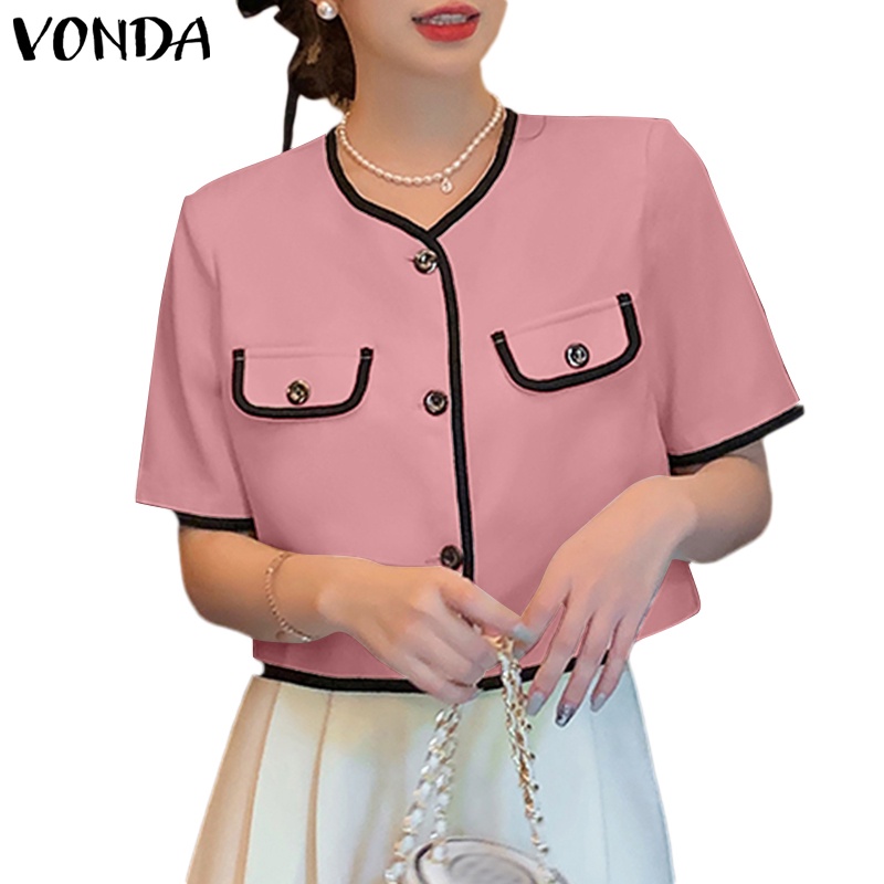 Vonda เสื้อคอกลม แขนสั้น มีกระเป๋า สไตล์เกาหลี สําหรับผู้หญิง