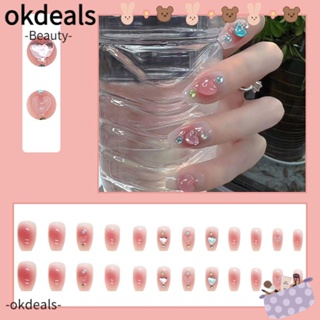 Okdeals เล็บปลอม ความยาวปานกลาง ถอดออกได้ สีชมพู ใช้ซ้ําได้ สไตล์ฝรั่งเศส สําหรับเด็กผู้หญิง 24 ชิ้น