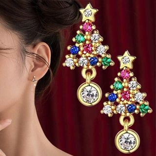 New Luxury Christmas Tree Elk Color Crystal Earrings Stud Dangle Women Jewellery
