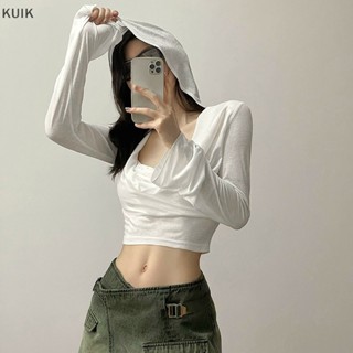 เสื้อครอปท็อปแขนยาว มีฮู้ด แบบเข้ารูป แฟชั่นฤดูร้อน สําหรับผู้หญิง