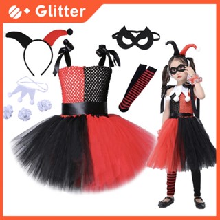 ชุดคอสเพลย์ Harley Quinn Joker Tutu พร้อมที่คาดผม และถุงเท้า สีดํา สีแดง สําหรับเด็กผู้หญิง