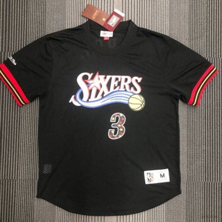 เสื้อกีฬาบาสเก็ตบอลแขนสั้น ลายทีม Iverson No.3 HQ7 NBA Jersey 76ers สีดํา สไตล์คลาสสิก