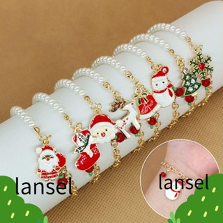 Lansel 2 ชิ้น ต้นคริสต์มาส กําไล, จี้ ซานตาคลอส คริสต์มาส สร้อยข้อมือ, ปรับได้ จี้ มนุษย์หิมะ มุกเทียม สร้อยข้อมือ คริสต์มาส