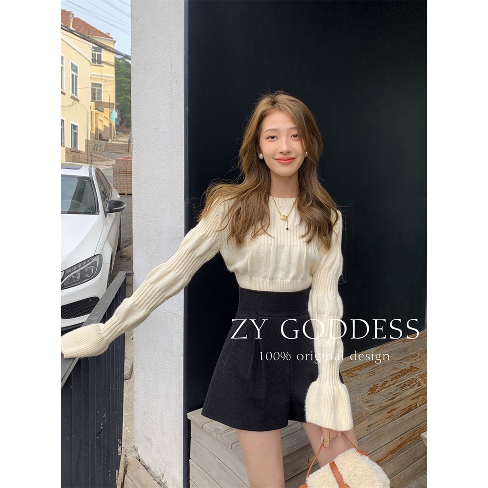 Xiao ใหม่ เสื้อกันหนาวถัก แขนสั้น ทรงโคมไฟ เอวแคบ เข้ารูป แฟชั่นฤดูใบไม้ร่วง ฤดูหนาว สไตล์เกาหลี MC 4QUW