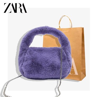 Zara 2022 ใหม่ กระเป๋าสะพายไหล่ ผ้ากํามะหยี่ขนนิ่ม ขนเฟอร์เทียม สีม่วง แฟชั่นฤดูใบไม้ร่วง ฤดูหนาว