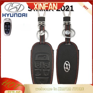 Xinfan Hyundai STARIA เคสหนังแท้ พร้อมรีโมทคอนโทรลรถยนต์ เคสหนังแท้ สีดํา เคสกุญแจ กันกระแทก ด้ายสีแดง