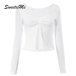 Sweeticme ใหม่ เสื้อยืดลําลอง แขนยาว คอสี่เหลี่ยม เข้ารูป สีพื้น แฟชั่นสําหรับสตรี 2023