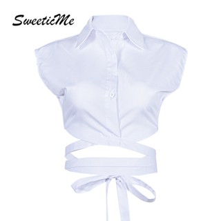 Sweeticme ใหม่ เสื้อเชิ้ต แขนกุด คอปก เปิดลง เข้ารูป สีพื้น แฟชั่นสําหรับผู้หญิง 2023