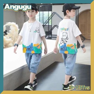 Angugu ใหม่ ชุดเสื้อแขนสั้น กางเกงยีน ขาสั้น แบบบาง พิมพ์ลาย แฟชั่นฤดูร้อน สําหรับเด็กผู้ชาย อายุ 3-13 ปี 2023