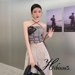 Hibiscus- เสื้อกล้าม แขนกุด สายคล้องคอ พิมพ์ลายแอปสแตรกท์ แฟชั่นฤดูร้อน สําหรับผู้หญิง