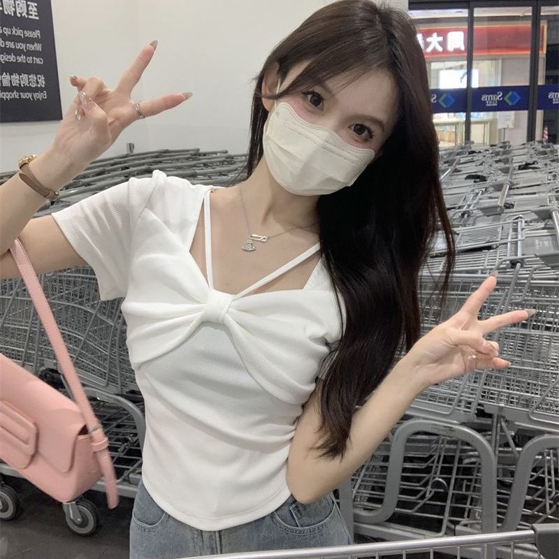 Bee เวอร์ชั่นเกาหลีสแควร์คอเสื้อยืดเทรนด์ฤดูร้อนใหม่ผู้หญิงแขนสั้นด้านบนS-2XL