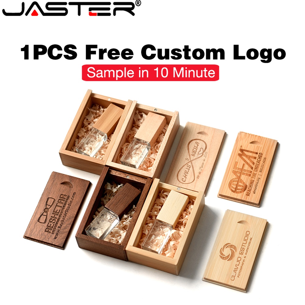 Jaster (โลโก้ฟรี 1 ชิ้น) แฟลชไดรฟ์คริสตัล USB 2.0 128GB 64GB พร้อมกล่องไม้ 32GB 16GB 8GB 4GB สําหรับถ่ายภาพสตูดิโอ