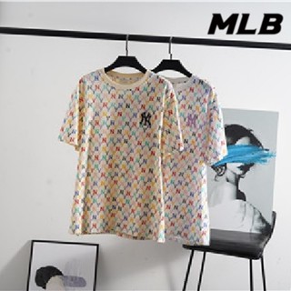 Mlb100% เสื้อยืดแขนสั้น ผ้าถัก พิมพ์ลาย แนวสตรีท แนวเรโทร แฟชั่นสําหรับสตรี