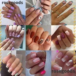 Rosegoods1 เล็บปลอม แบบยาว ทรงสี่เหลี่ยม ถอดออกได้ สีม่วง สีเขียว สไตล์ฝรั่งเศส DIY