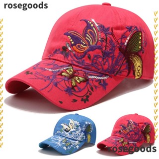 Rosegoods1 หมวกเบสบอล ผ้าฝ้าย ปักลายผีเสื้อ ประดับเลื่อม กันแดด ปรับได้ แฟชั่นสําหรับผู้ชาย และผู้หญิง