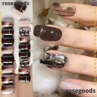 Rosegoods1 เล็บปลอม สีน้ําตาล สไตล์ฝรั่งเศส สําหรับตกแต่งเล็บ 24 ชิ้น