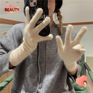 Beauty ถุงมือข้อยาว ผ้าวูล แบบเต็มนิ้ว ยืดหยุ่น แบบนิ่ม สีพื้น แฟชั่นฤดูหนาว สําหรับผู้หญิง