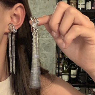 Light extravagant pleated zircon double-layer tassel chain ear clip female minority temperament exaggerated painless earrings face earrings
