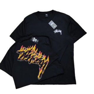 STUSSY พร้อมส่ง เสื้อยืด ลายเปลวไฟ สีดํา