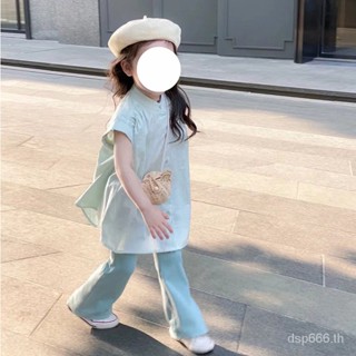 Childrens Korean casual two-piece set Korean childrens clothing 2023 spring and summer girls western style loose shirt horn trousers 8RZF