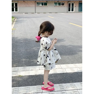 Korean childrens clothing 2023 Summer new girls bubble sleeve blouse childrens round neck top shorts Western style two-piece set HW2T