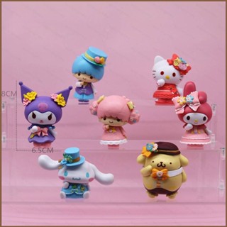 ใหม่ โมเดลฟิกเกอร์ Sanrio Flower Series Kuromi Melody Kitty Cinnamoroll Purin Twins ของเล่นสําหรับเด็ก 6 ชิ้น