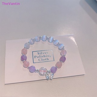 Thevantin สร้อยข้อมือ ลูกปัดคริสตัล หินตาแมว ประดับโบว์ สีเงิน เครื่องประดับแฟชั่น สําหรับผู้หญิง