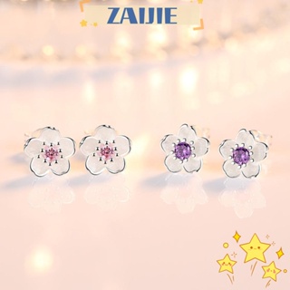 Zaijie24 ต่างหูสตั๊ด คริสตัล รูปดอกไม้ สีม่วง สีชมพู เครื่องประดับ สําหรับผู้หญิง