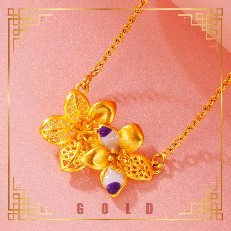 [Lucky K Gold] Vintage Au999 Gold Color Double Flower Ladies Clavicle Chain