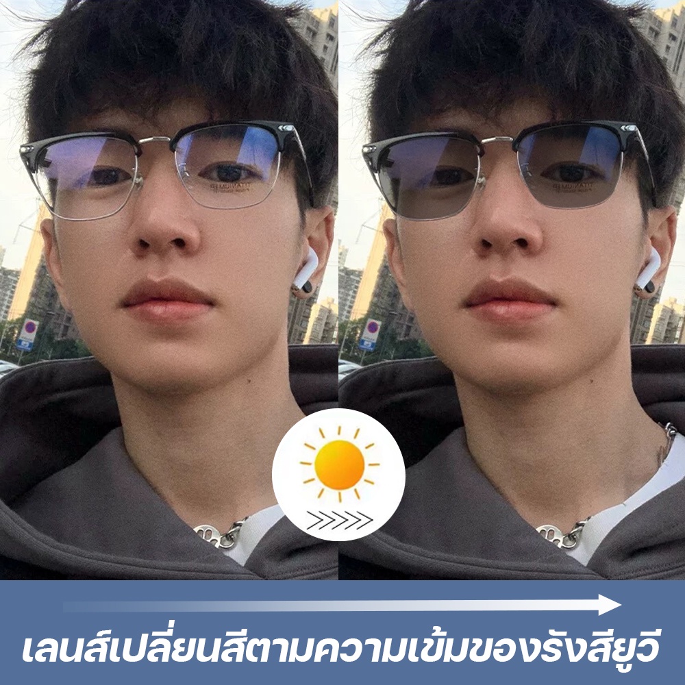 แว่นสา ยตาสั้นเลนส์ออโต้ ออกแดดเปลี่ยนสี เเว่นกรองเเสง แฟชั่น สีฟ้า Super Auto Blue Lens ป้องกันรังสียูวี UV99%