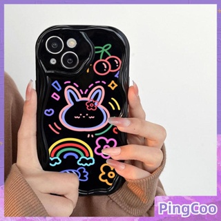 PingCoo - Curved Wave Case For iPhone 14 13 12 11 Pro Max 7 8 Plus XR TPU Soft Glossy Black Case Cute Colorful Rabbit Camera Protection Shockproof Back Cover